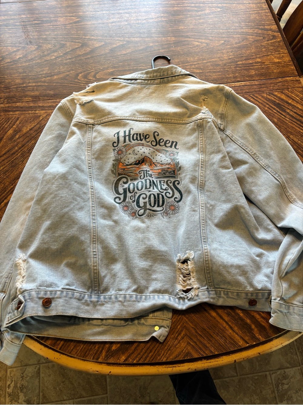 Light Wash Dis. Denim Jacket with religious print. Hallelujah praise the Lord